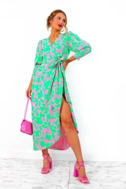 Glamorous Drive 'Em Wild - Green Pink Leaf Print Midi Wrap Dress -Deals Modashka Store Drive EmWild GreenPinkLeafPrintMidiWrapDress 5