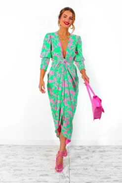 Glamorous Drive 'Em Wild - Green Pink Leaf Print Midi Wrap Dress -Deals Modashka Store Drive EmWild GreenPinkLeafPrintMidiWrapDress 7