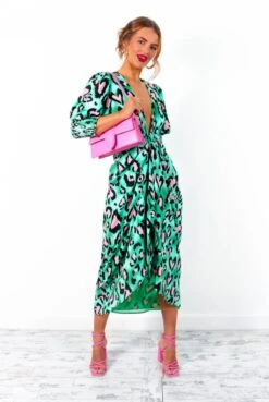 Glamorous Drive Em Wild - Green Pink Leopard Print Midi Wrap Dress -Deals Modashka Store Drive EmWild GreenPinkLeopardPrintMidiWrapDress 1
