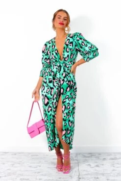 Glamorous Drive Em Wild - Green Pink Leopard Print Midi Wrap Dress -Deals Modashka Store Drive EmWild GreenPinkLeopardPrintMidiWrapDress 2