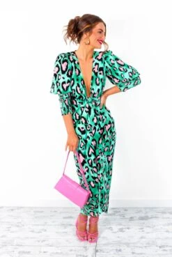 Glamorous Drive Em Wild - Green Pink Leopard Print Midi Wrap Dress -Deals Modashka Store Drive EmWild GreenPinkLeopardPrintMidiWrapDress 3