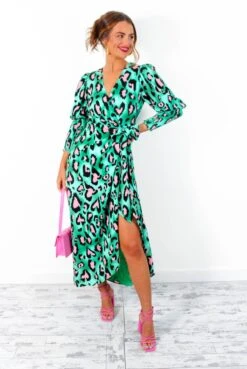 Glamorous Drive Em Wild - Green Pink Leopard Print Midi Wrap Dress -Deals Modashka Store Drive EmWild GreenPinkLeopardPrintMidiWrapDress 5