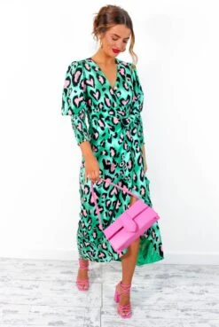 Glamorous Drive Em Wild - Green Pink Leopard Print Midi Wrap Dress -Deals Modashka Store Drive EmWild GreenPinkLeopardPrintMidiWrapDress 6