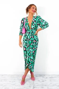 Glamorous Drive Em Wild - Green Pink Leopard Print Midi Wrap Dress