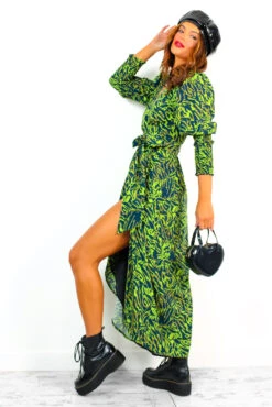 Glamorous Drive Em Wild - Lime Green Black Animal Print Wrap Midi Dress -Deals Modashka Store Drive EmWild LimeGreenBlackAnimalPrintWrapMidiDress 1