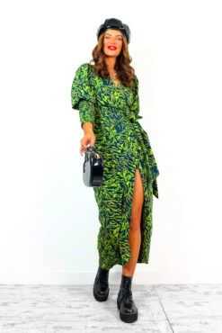 Glamorous Drive Em Wild - Lime Green Black Animal Print Wrap Midi Dress -Deals Modashka Store Drive EmWild LimeGreenBlackAnimalPrintWrapMidiDress 4