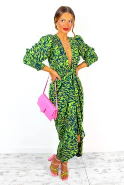 Glamorous Drive Em Wild - Lime Green Black Animal Print Wrap Midi Dress
