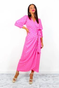 Glamorous Drive 'Em Wild - Pink Gold Foil Midi Wrap Dress -Deals Modashka Store Drive EmWild MagentaGoldFoilMidiWrapDress 1