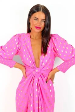 Glamorous Drive 'Em Wild - Pink Gold Foil Midi Wrap Dress -Deals Modashka Store Drive EmWild MagentaGoldFoilMidiWrapDress 6
