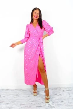 Glamorous Drive 'Em Wild - Pink Gold Foil Midi Wrap Dress -Deals Modashka Store Drive EmWild MagentaGoldFoilMidiWrapDress 7