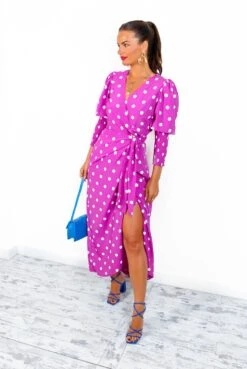 Glamorous Drive Em Wild - Magenta White Polka Dot Midi Wrap Dress -Deals Modashka Store Drive EmWild MagentaWhitePolkaDotMidiWrapDress3