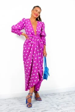 Glamorous Drive Em Wild - Magenta White Polka Dot Midi Wrap Dress -Deals Modashka Store Drive EmWild MagentaWhitePolkaDotMidiWrapDress5