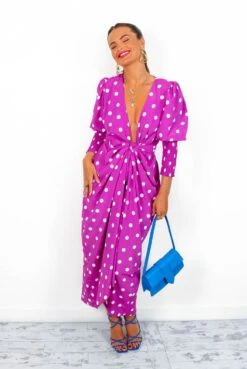 Glamorous Drive Em Wild - Magenta White Polka Dot Midi Wrap Dress -Deals Modashka Store Drive EmWild MagentaWhitePolkaDotMidiWrapDress7