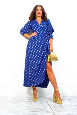 Glamorous Drive 'Em Wild - Cobalt Gold Foil Spot Midi Wrap Dress -Deals Modashka Store Drive EmWild NavyGoldFoilSpotMidiWrapDress 2