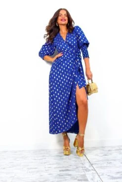 Glamorous Drive 'Em Wild - Cobalt Gold Foil Spot Midi Wrap Dress -Deals Modashka Store Drive EmWild NavyGoldFoilSpotMidiWrapDress 3