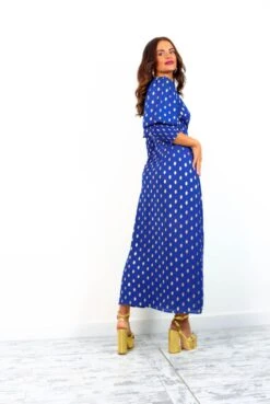 Glamorous Drive 'Em Wild - Cobalt Gold Foil Spot Midi Wrap Dress -Deals Modashka Store Drive EmWild NavyGoldFoilSpotMidiWrapDress 4
