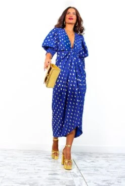 Glamorous Drive 'Em Wild - Cobalt Gold Foil Spot Midi Wrap Dress -Deals Modashka Store Drive EmWild NavyGoldFoilSpotMidiWrapDress 5