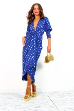 Glamorous Drive 'Em Wild - Cobalt Gold Foil Spot Midi Wrap Dress -Deals Modashka Store Drive EmWild NavyGoldFoilSpotMidiWrapDress 7