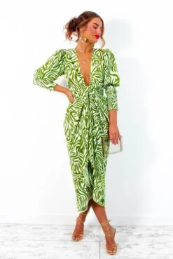 Glamorous Drive 'Em Wild - Olive Green White Zebra Print Midi Wrap Dress