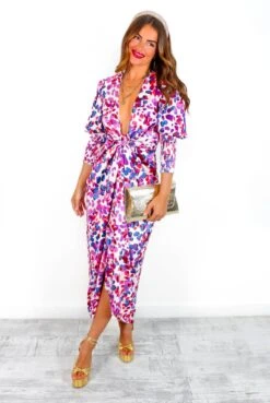Glamorous Drive 'Em Wild - Pink Purple Spotted Midi Wrap Dress -Deals Modashka Store Drive EmWild PinkPurpleSpottedMidiWrapDress