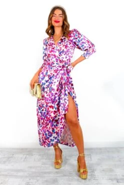 Glamorous Drive 'Em Wild - Pink Purple Spotted Midi Wrap Dress -Deals Modashka Store Drive EmWild PinkPurpleSpottedMidiWrapDress 5
