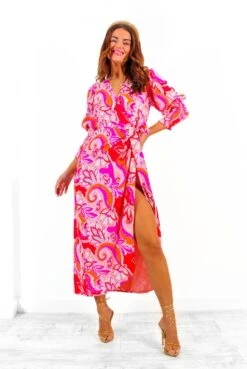 Glamorous Drive Em Wild - Pink Red Paisley Print Midi Wrap Dress -Deals Modashka Store Drive EmWild PinkRedPaisleyPrintMidiWrapDress 2