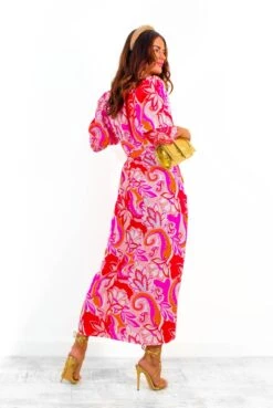 Glamorous Drive Em Wild - Pink Red Paisley Print Midi Wrap Dress -Deals Modashka Store Drive EmWild PinkRedPaisleyPrintMidiWrapDress 3