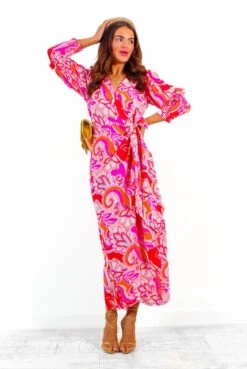 Glamorous Drive Em Wild - Pink Red Paisley Print Midi Wrap Dress -Deals Modashka Store Drive EmWild PinkRedPaisleyPrintMidiWrapDress 4