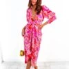 Glamorous Drive Em Wild - Pink Red Paisley Print Midi Wrap Dress