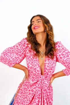 Glamorous Drive 'Em Wild - Pink Tonal Leopard Midi Wrap Dress -Deals Modashka Store Drive EmWild PinkTonalLeopardMidiWrapDress 4