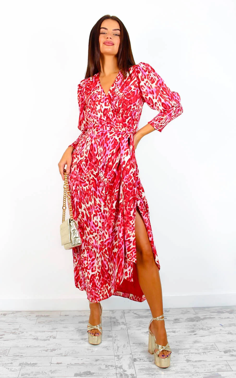 Glamorous Drive Em Wild - Red Beige Animal Print Midi Wrap Dress 8 Glamorous Drive Em Wild - Red Beige Animal Print Midi Wrap Dress - Image 6