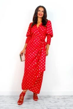 Glamorous Drive 'Em Wild - Red Gold Foil Spot Midi Wrap Dress -Deals Modashka Store Drive EmWild RedGoldFoilSpotMidiWrapDress2