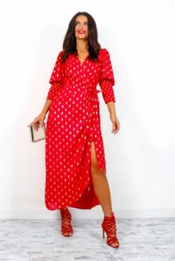 Glamorous Drive 'Em Wild - Red Gold Foil Spot Midi Wrap Dress -Deals Modashka Store Drive EmWild RedGoldFoilSpotMidiWrapDress3