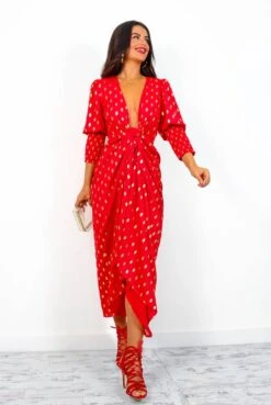 Glamorous Drive 'Em Wild - Red Gold Foil Spot Midi Wrap Dress -Deals Modashka Store Drive EmWild RedGoldFoilSpotMidiWrapDress4