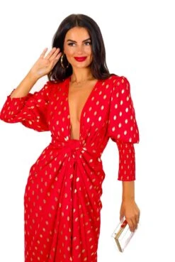 Glamorous Drive 'Em Wild - Red Gold Foil Spot Midi Wrap Dress -Deals Modashka Store Drive EmWild RedGoldFoilSpotMidiWrapDress8