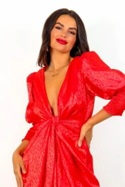 Glamorous Drive Em Wild - Red Leopard Jacquard Midi Wrap Dress -Deals Modashka Store Drive EmWild RedLeopardJacquardMidiWrapDress7