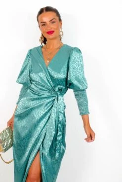 Glamorous Drive Em Wild - Sea Green Satin Leopard Jacquard Midi Wrap Dress -Deals Modashka Store Drive EmWild SeaGreenSatinLeopardJacquardMidiWrapDress2