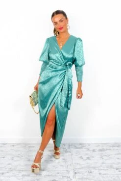 Glamorous Drive Em Wild - Sea Green Satin Leopard Jacquard Midi Wrap Dress -Deals Modashka Store Drive EmWild SeaGreenSatinLeopardJacquardMidiWrapDress3