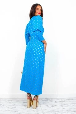 Glamorous Drive 'Em Wild - Teal Gold Foil Spot Midi Wrap Dress -Deals Modashka Store Drive EmWild TealGoldFoilSpotMidiWrapDress5