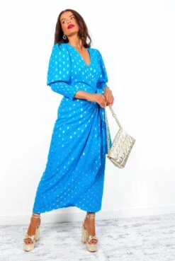 Glamorous Drive 'Em Wild - Teal Gold Foil Spot Midi Wrap Dress -Deals Modashka Store Drive EmWild TealGoldFoilSpotMidiWrapDress7