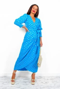 Glamorous Drive 'Em Wild - Teal Gold Foil Spot Midi Wrap Dress -Deals Modashka Store Drive EmWild TealGoldFoilSpotMidiWrapDress8