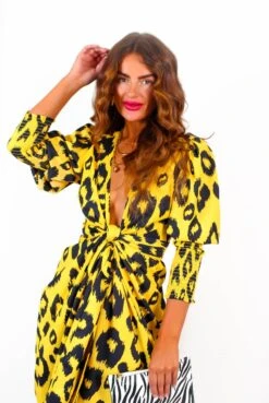 Glamorous Drive 'Em Wild - Yellow Black Animal Print Midi Wrap Dress -Deals Modashka Store Drive EmWild YellowBlackAnimalPrintMidiWrapDress