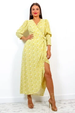 Drive Em Wild - Yellow Ditsy Floral Midi Wrap Dress -Deals Modashka Store Drive EmWild YellowDitsyFloralMidiWrapDress 2