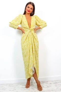 Drive Em Wild - Yellow Ditsy Floral Midi Wrap Dress