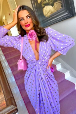 Glamorous Drive 'Em Wild - Lilac Gold Foil Spot Midi Wrap Dress