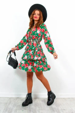 End In Tiers - Green Red Floral Mini Dress -Deals Modashka Store EndInTiers GreenRedFloralMiniDress5