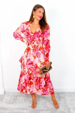 Feeling Flirty - Pink Peach Floral Ruche Detail Ruffle Midi Dress -Deals Modashka Store FeelingFlirty PinkPeachFloralRucheDetailRuffleMidiDress 4