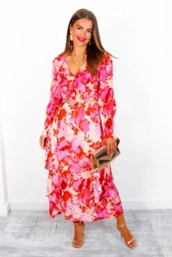 Feeling Flirty - Pink Peach Floral Ruche Detail Ruffle Midi Dress -Deals Modashka Store FeelingFlirty PinkPeachFloralRucheDetailRuffleMidiDress 5