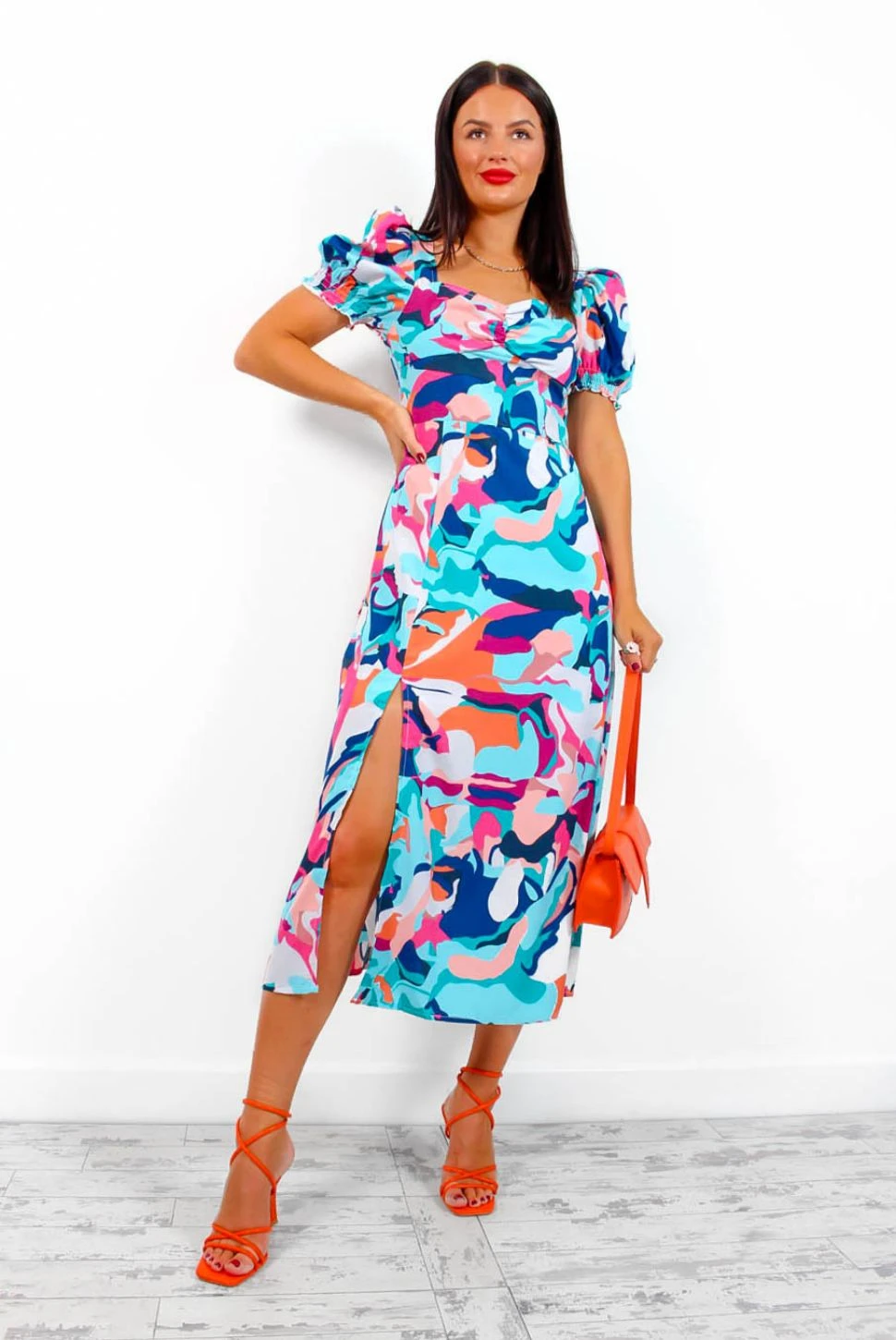 Floral Frenzy - Blue Multi Abstract Print Midi Dress 9 Floral Frenzy - Blue Multi Abstract Print Midi Dress - Image 7