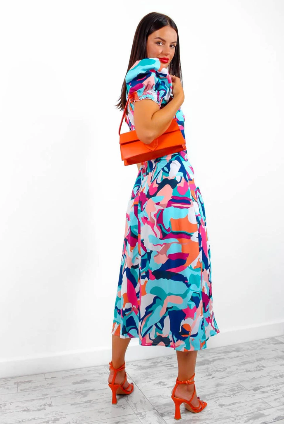 Floral Frenzy - Blue Multi Abstract Print Midi Dress 7 Floral Frenzy - Blue Multi Abstract Print Midi Dress - Image 5
